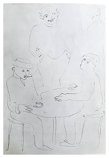 Three men at a table, drawing by Henri Gaudier-Brzeska